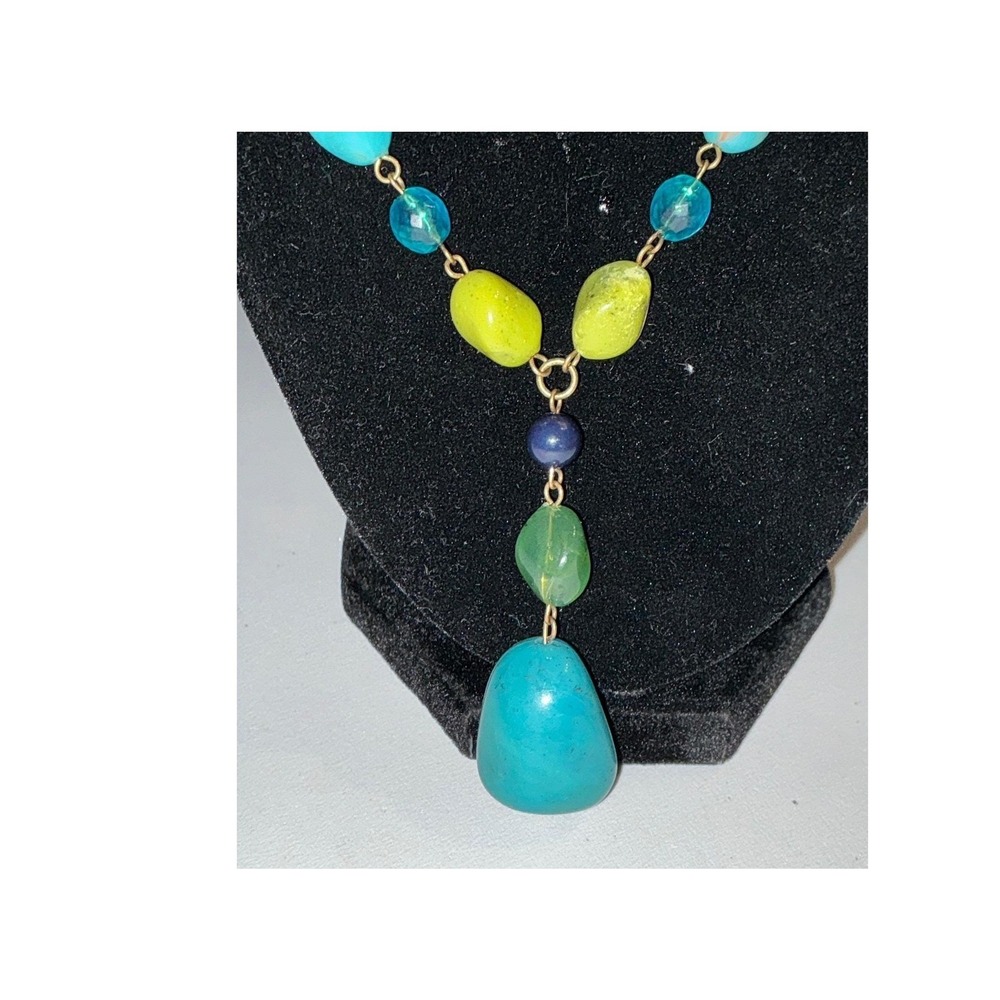Beaded Necklace Turquoise Green Gold Tone Drop Pendant 20" Summer Spring
